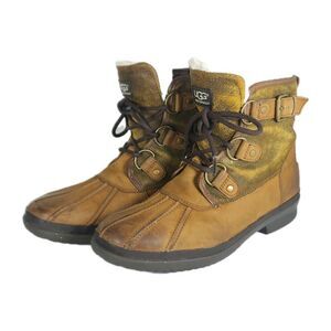 UGG Women's Cecile US 8 Brown Leather Waterproof Sheepskin Lined Duck Boots